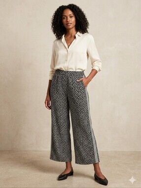 NWT Sz L Max Studio Black & White Floral Ankle/Crop Wide-Leg Pants Pull On